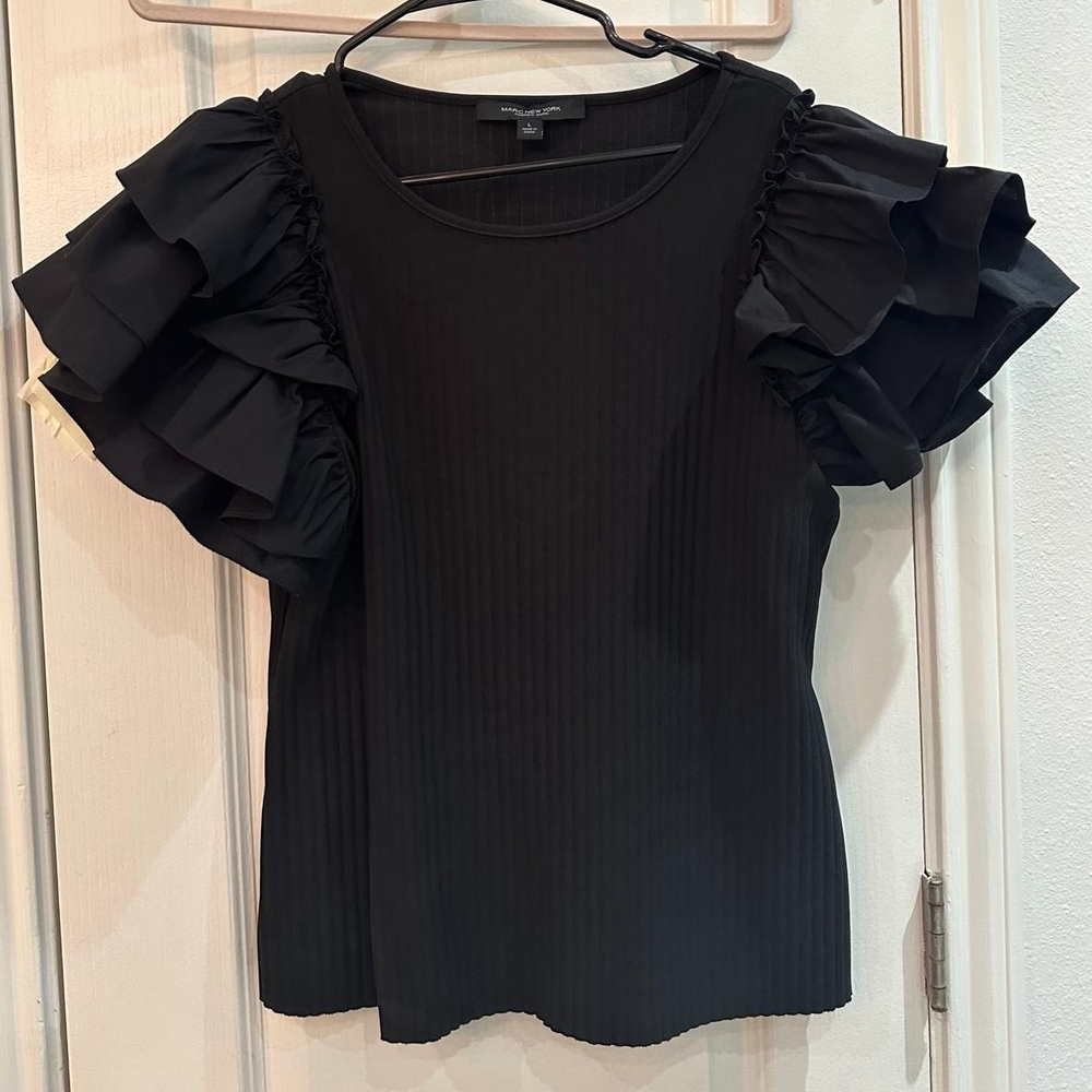 Marc New York Black Ruffle-Sleeve Ribbed Knit Top